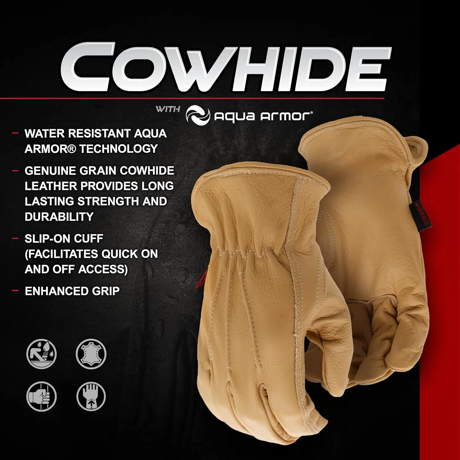 BOSS Men's AquaArmor Durable Cowhide Leather Work Gloves