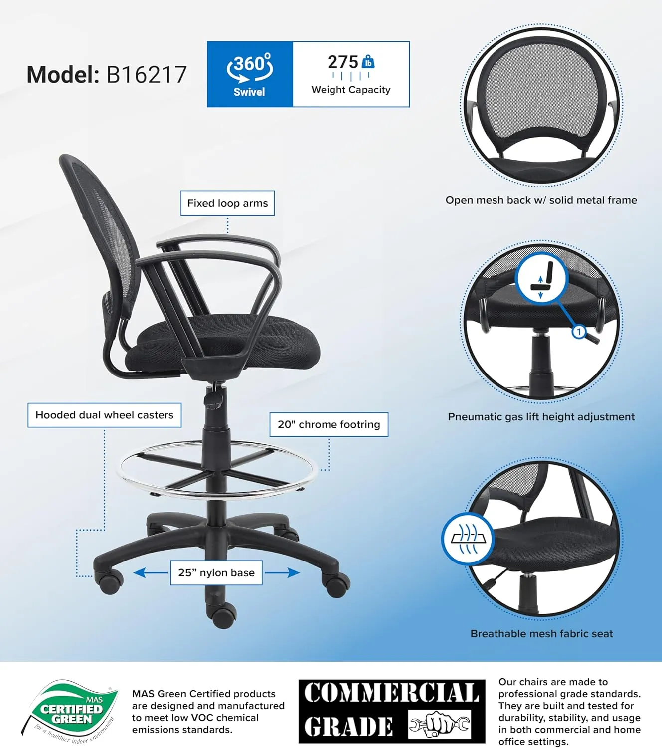 Boss Office Products Mesh Drafting Stool with Loop Arms in Black
