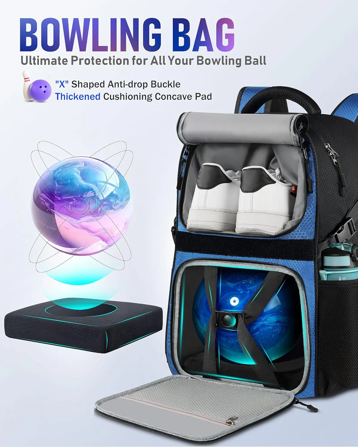 Bowling Ball Bag - Single Ball Backpack with Shoe Bag, Up to Size 16, Padded Holder
