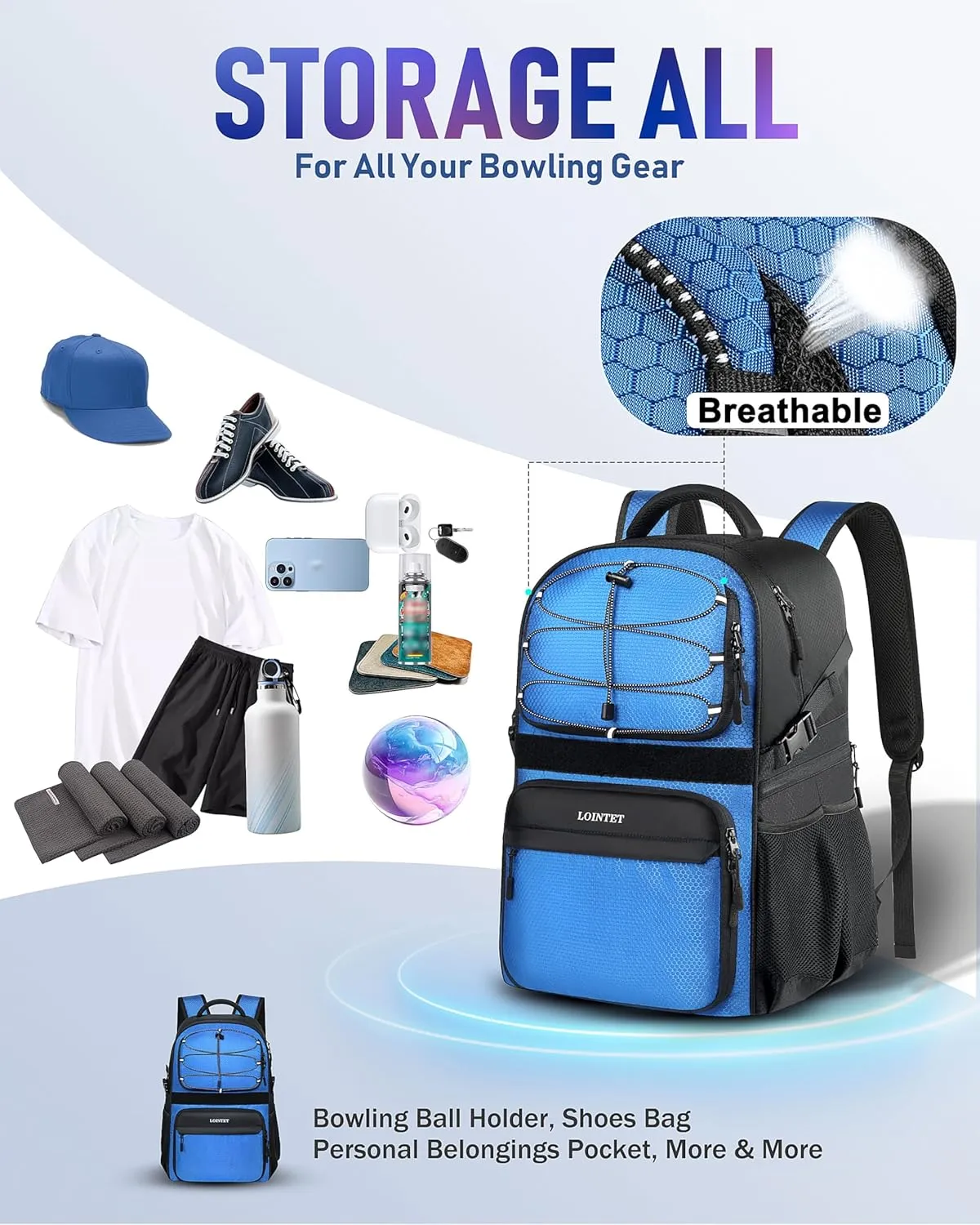 Bowling Ball Bag - Single Ball Backpack with Shoe Bag, Up to Size 16, Padded Holder