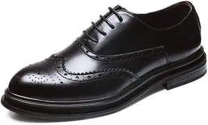 Brogue Business Oxfords for Men Large Size Shoes Microfiber Leather Lace up Pointed Toe Wingtip Burnished Style Waxed Laces Thick-Bottom