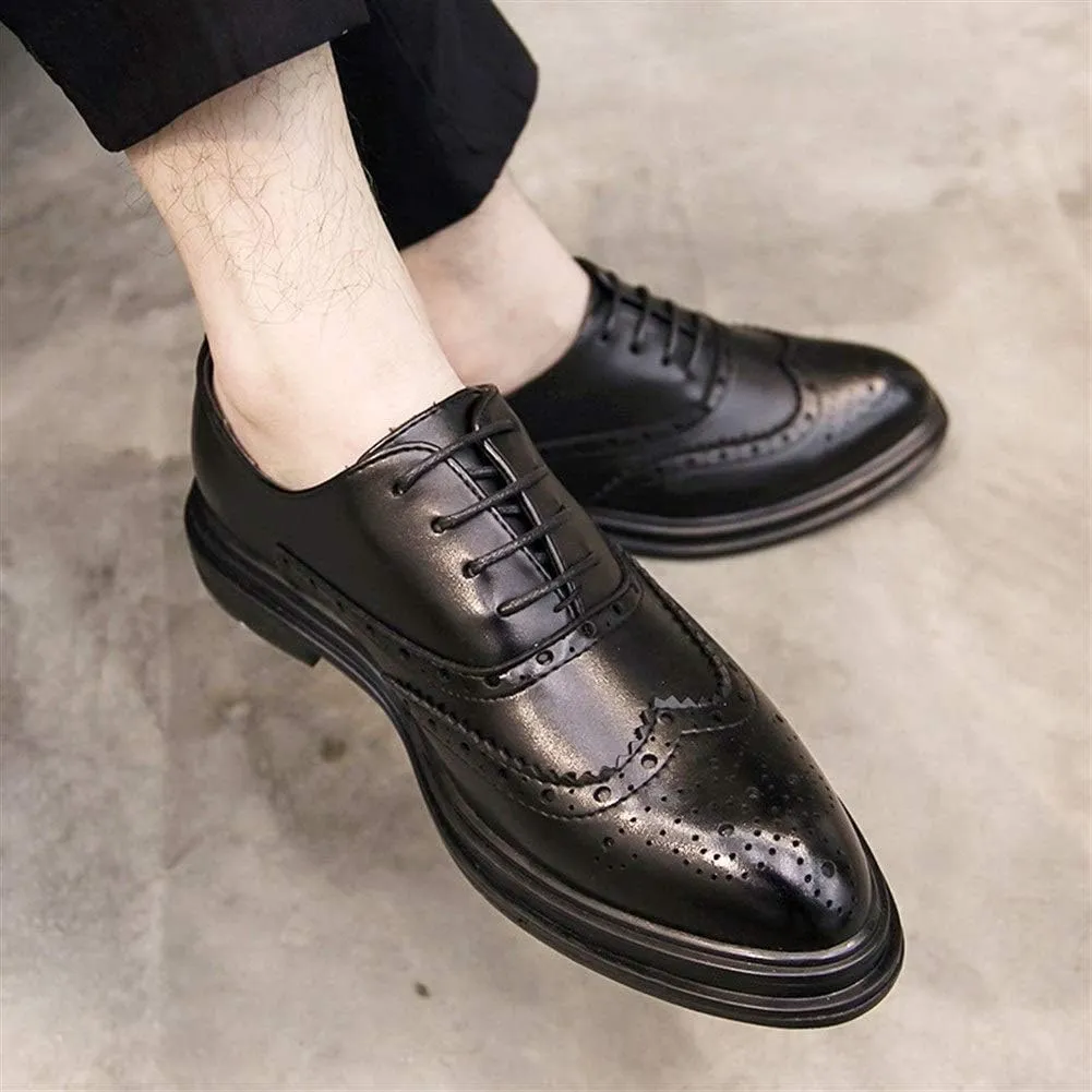 Brogue Business Oxfords for Men Large Size Shoes Microfiber Leather Lace up Pointed Toe Wingtip Burnished Style Waxed Laces Thick-Bottom