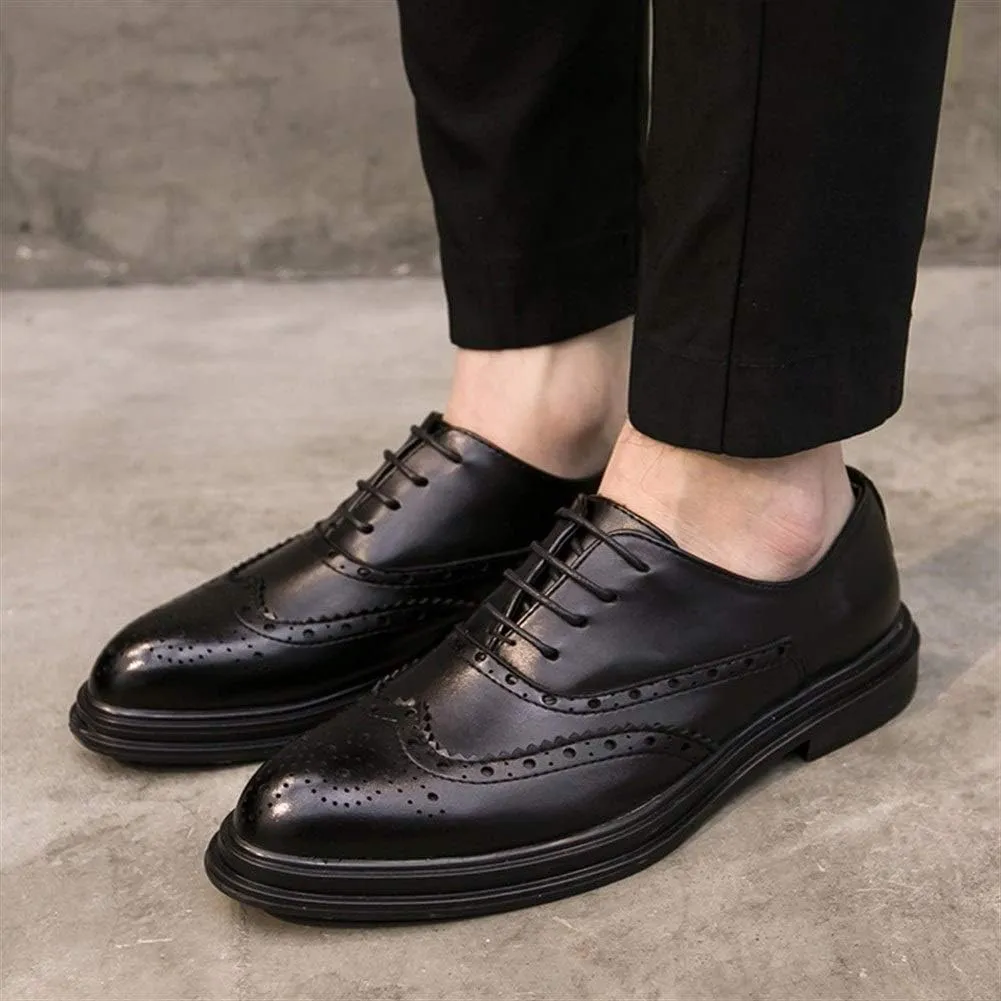 Brogue Business Oxfords for Men Large Size Shoes Microfiber Leather Lace up Pointed Toe Wingtip Burnished Style Waxed Laces Thick-Bottom