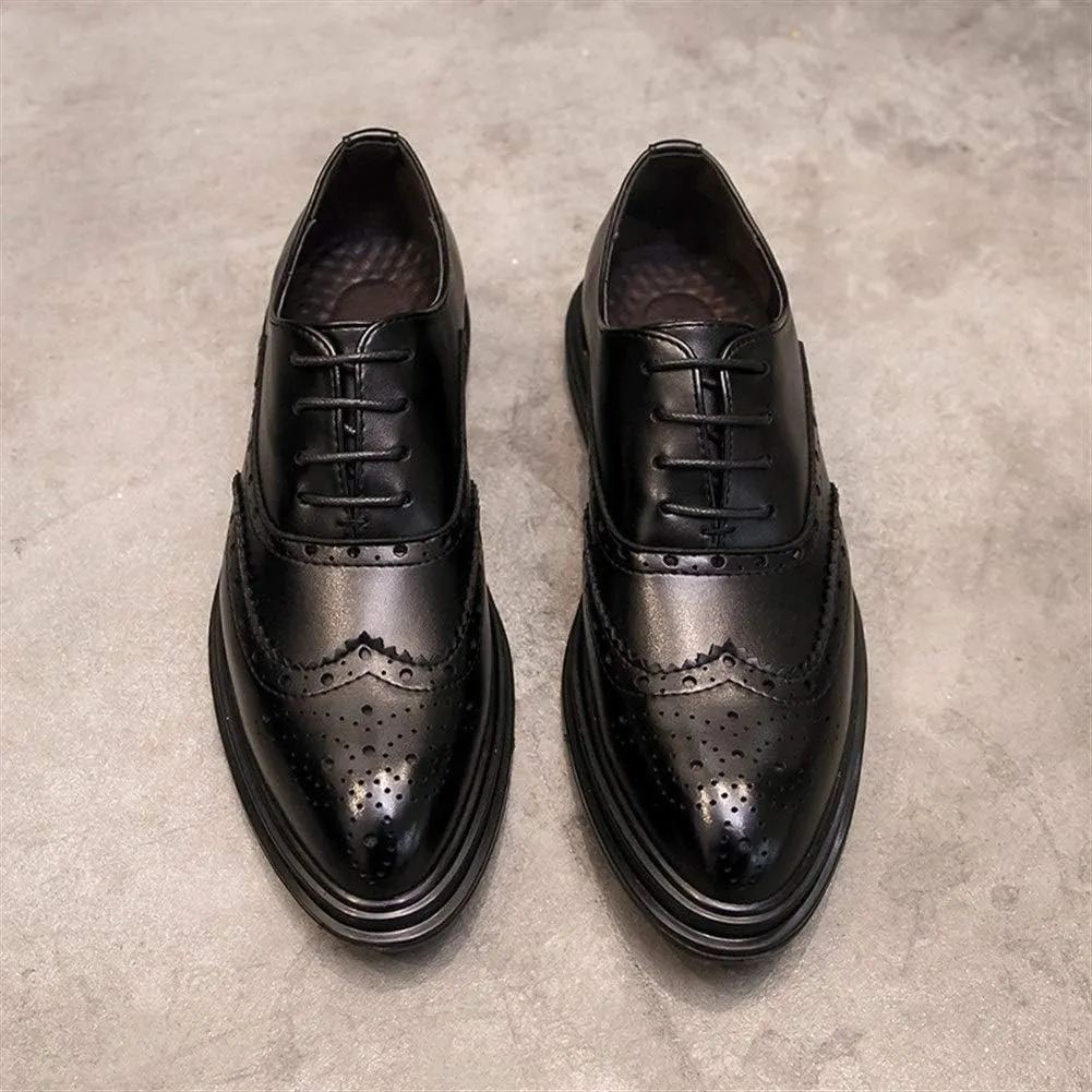 Brogue Business Oxfords for Men Large Size Shoes Microfiber Leather Lace up Pointed Toe Wingtip Burnished Style Waxed Laces Thick-Bottom