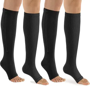 bropite Zipper Compression Socks Women & Men - 2Pairs Calf Knee High 15-20mmHg Open Toe Compression Stocking suit for Walking