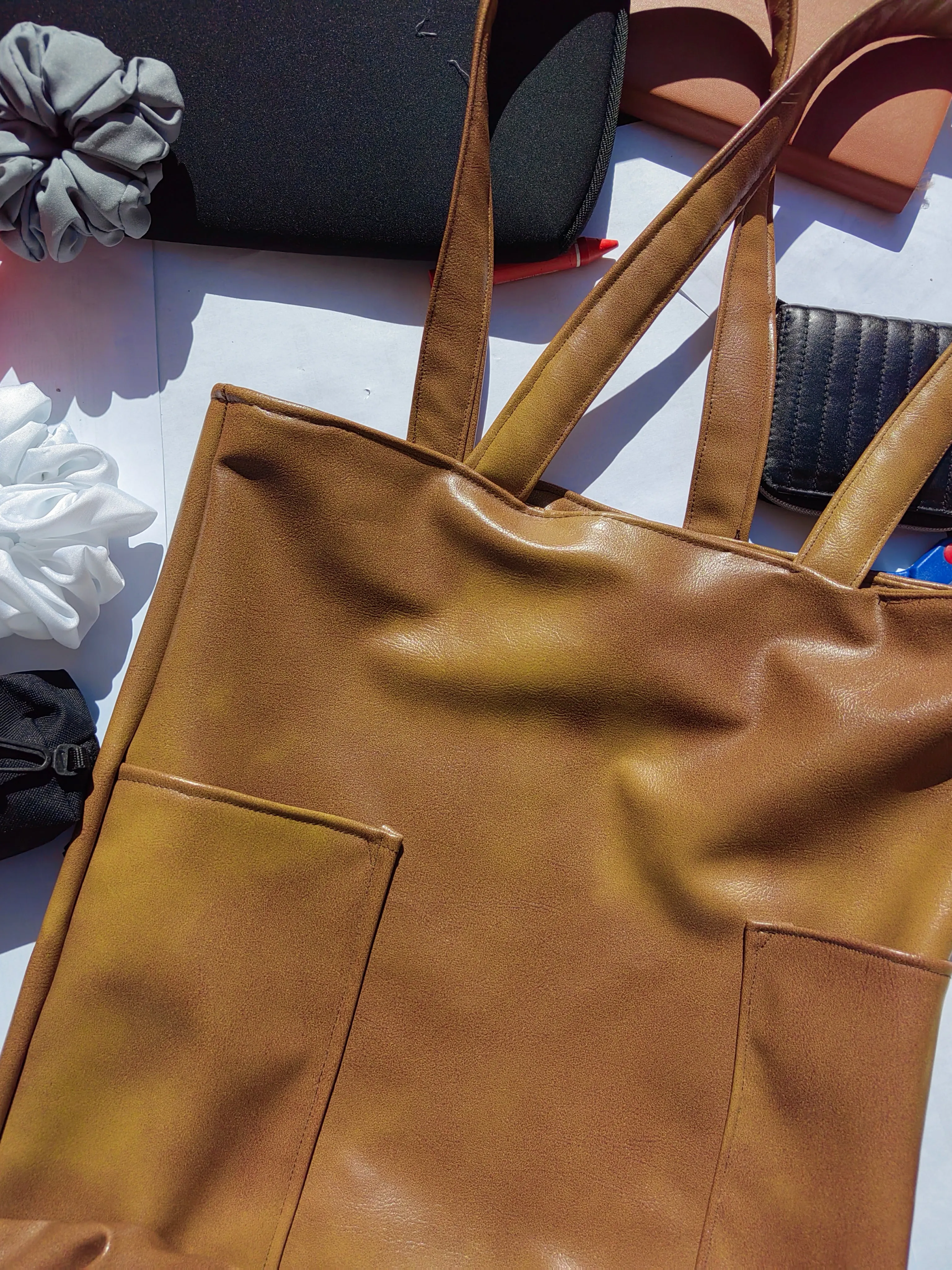 Brown Faux Leather Tote Bag