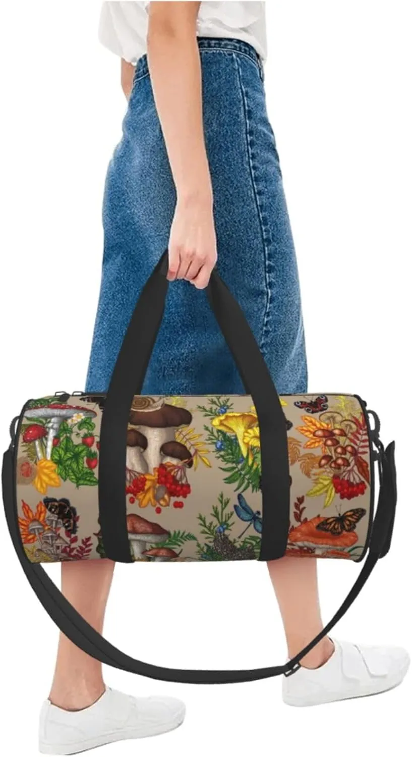 Bushes Mushrooms Plants Insects Berries Fly Agaric Chanterelles Round Travel Duffel Bag Large Capacity Gym Sports Bags for Hiking Vacation Trips