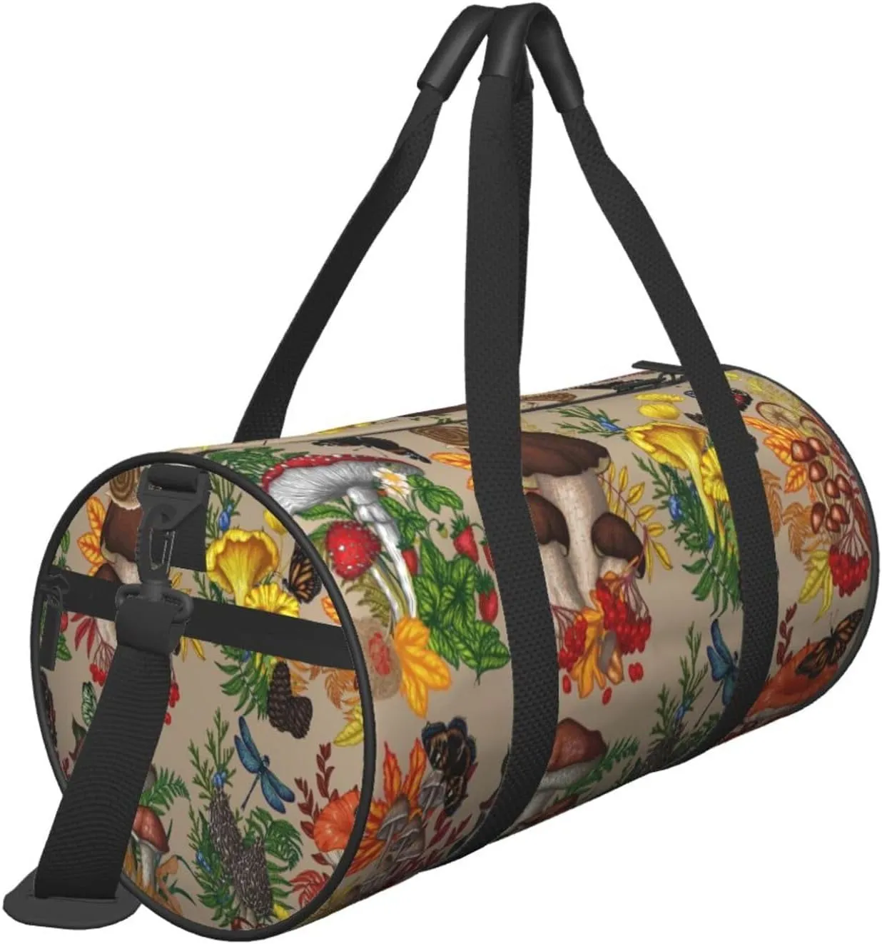 Bushes Mushrooms Plants Insects Berries Fly Agaric Chanterelles Round Travel Duffel Bag Large Capacity Gym Sports Bags for Hiking Vacation Trips