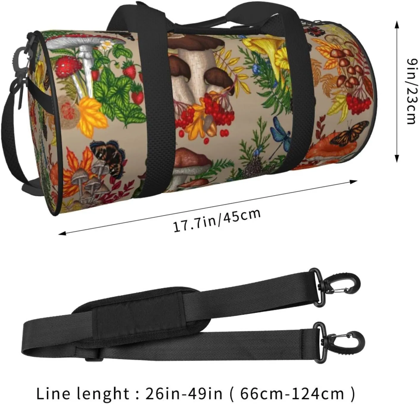 Bushes Mushrooms Plants Insects Berries Fly Agaric Chanterelles Round Travel Duffel Bag Large Capacity Gym Sports Bags for Hiking Vacation Trips