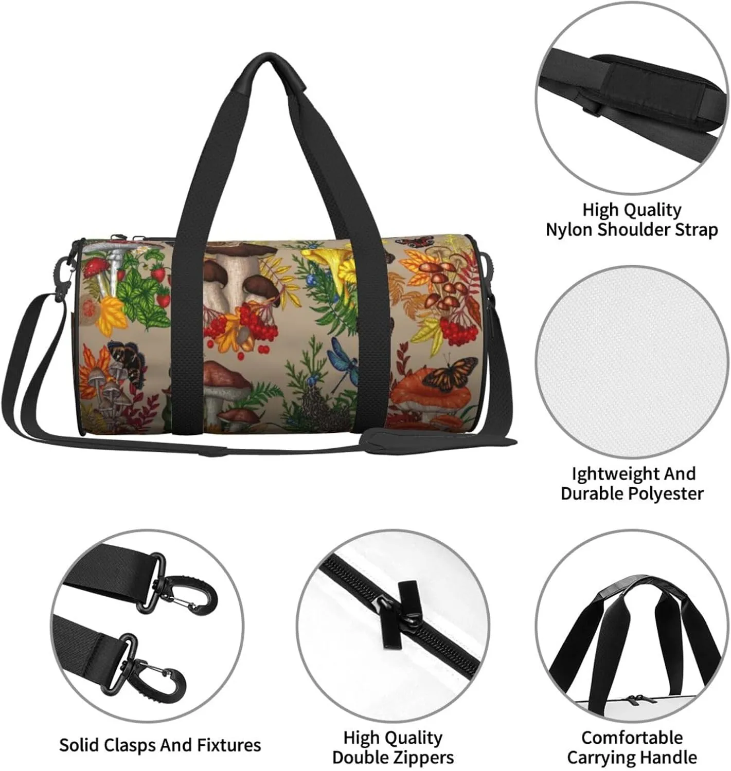 Bushes Mushrooms Plants Insects Berries Fly Agaric Chanterelles Round Travel Duffel Bag Large Capacity Gym Sports Bags for Hiking Vacation Trips