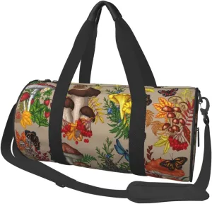 Bushes Mushrooms Plants Insects Berries Fly Agaric Chanterelles Round Travel Duffel Bag Large Capacity Gym Sports Bags for Hiking Vacation Trips