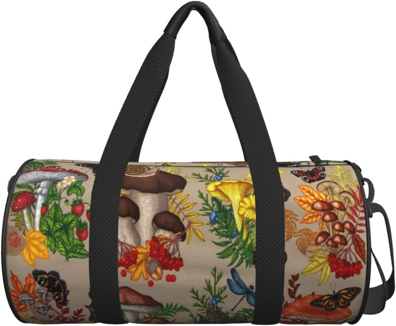 Bushes Mushrooms Plants Insects Berries Fly Agaric Chanterelles Round Travel Duffel Bag Large Capacity Gym Sports Bags for Hiking Vacation Trips