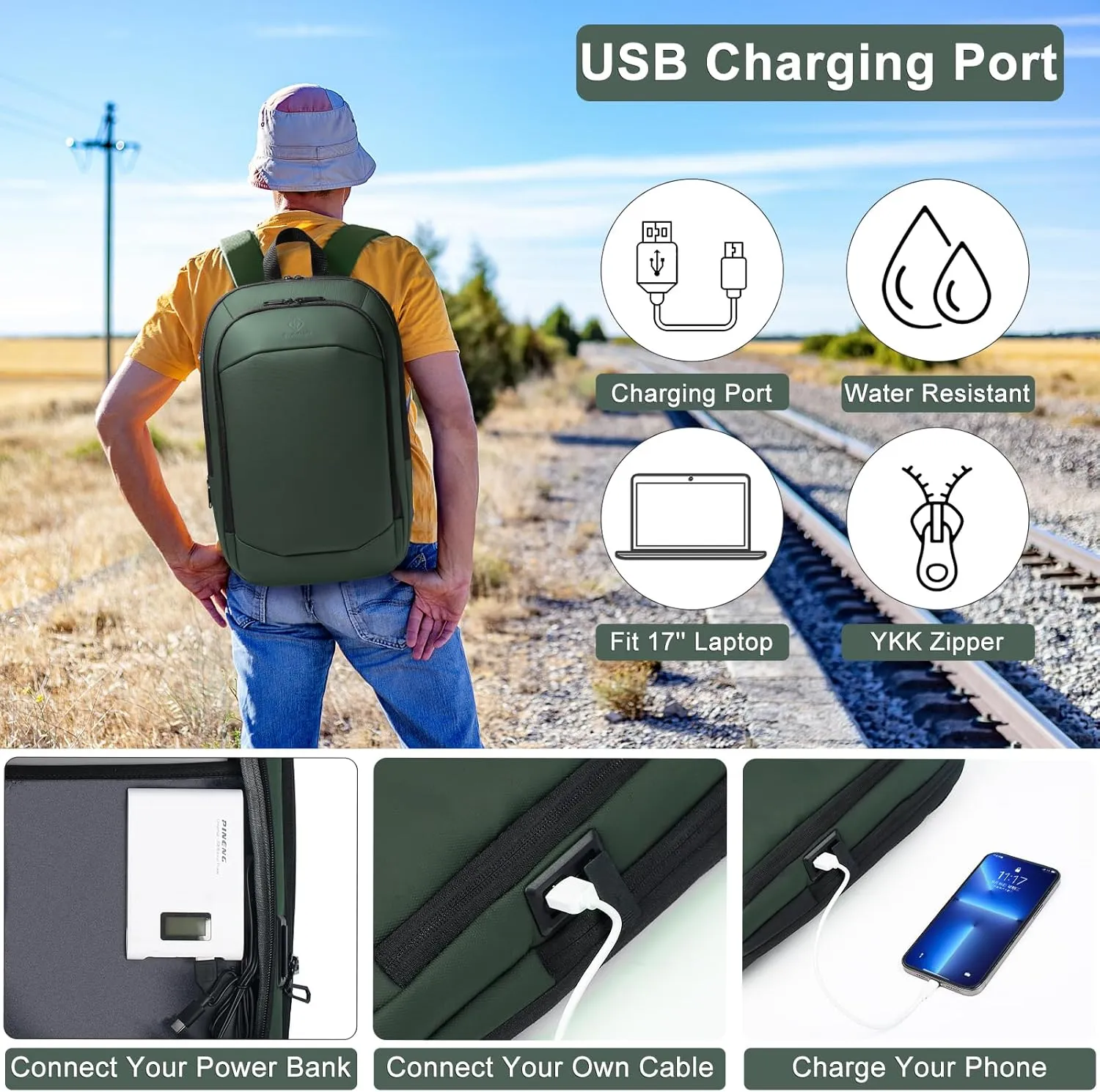 Business Backpack 17 Inch Slim Expandable Waterproof Travel Laptop Backpacks with USB Charger Port Anti-Theft Lightweight Large Work Computer Bag College Laptop Backpacks Gifts for Men Women, Green