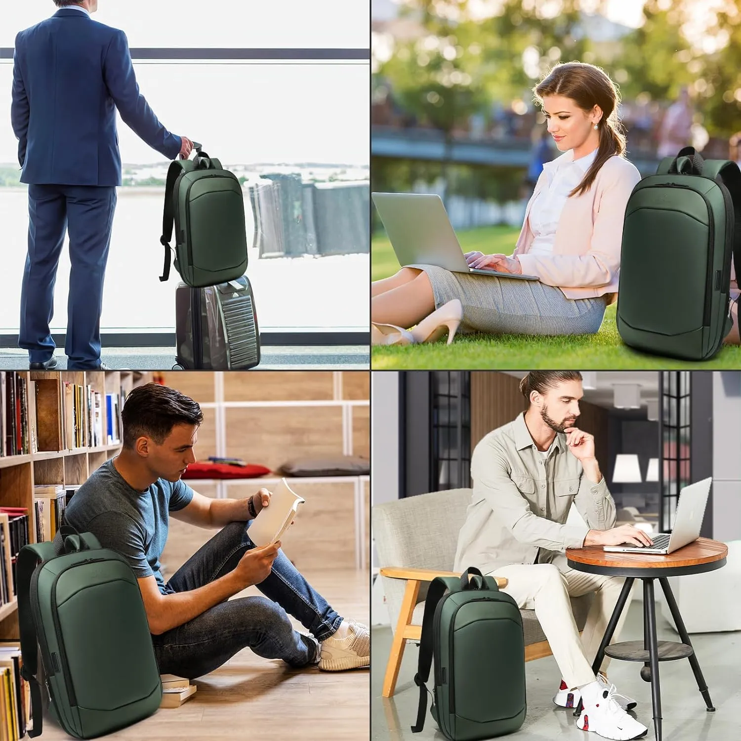 Business Backpack 17 Inch Slim Expandable Waterproof Travel Laptop Backpacks with USB Charger Port Anti-Theft Lightweight Large Work Computer Bag College Laptop Backpacks Gifts for Men Women, Green