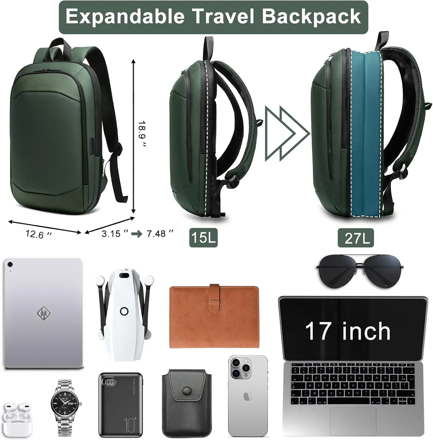 Business Backpack 17 Inch Slim Expandable Waterproof Travel Laptop Backpacks with USB Charger Port Anti-Theft Lightweight Large Work Computer Bag College Laptop Backpacks Gifts for Men Women, Green