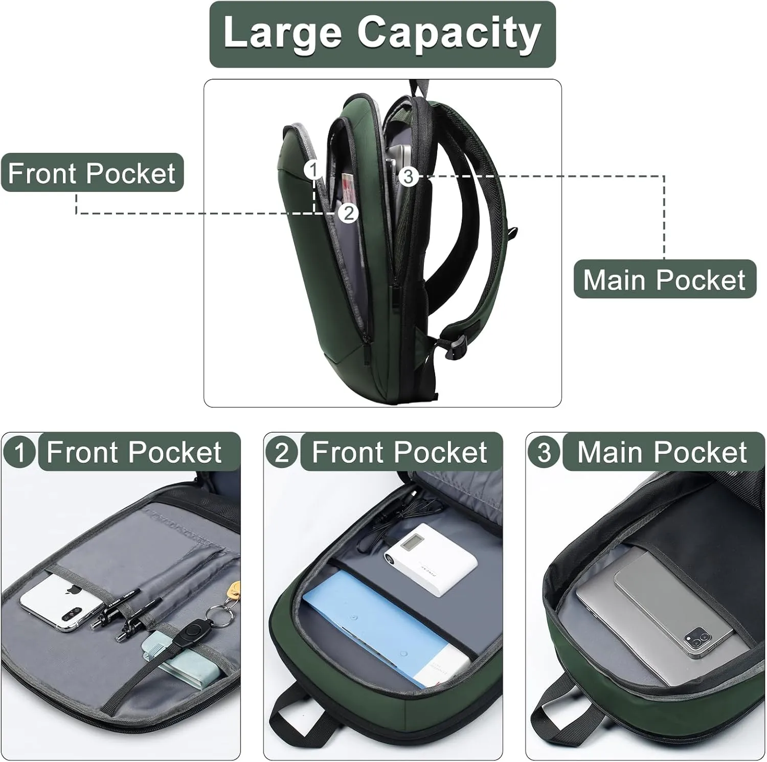 Business Backpack 17 Inch Slim Expandable Waterproof Travel Laptop Backpacks with USB Charger Port Anti-Theft Lightweight Large Work Computer Bag College Laptop Backpacks Gifts for Men Women, Green
