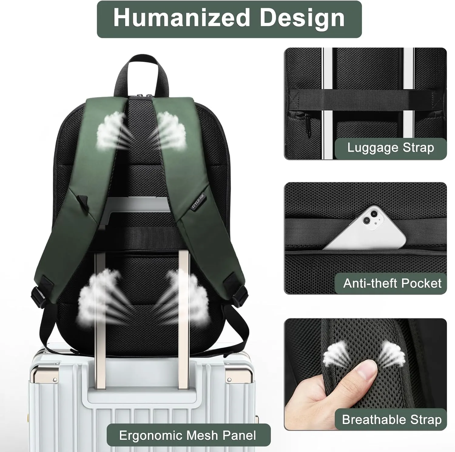 Business Backpack 17 Inch Slim Expandable Waterproof Travel Laptop Backpacks with USB Charger Port Anti-Theft Lightweight Large Work Computer Bag College Laptop Backpacks Gifts for Men Women, Green