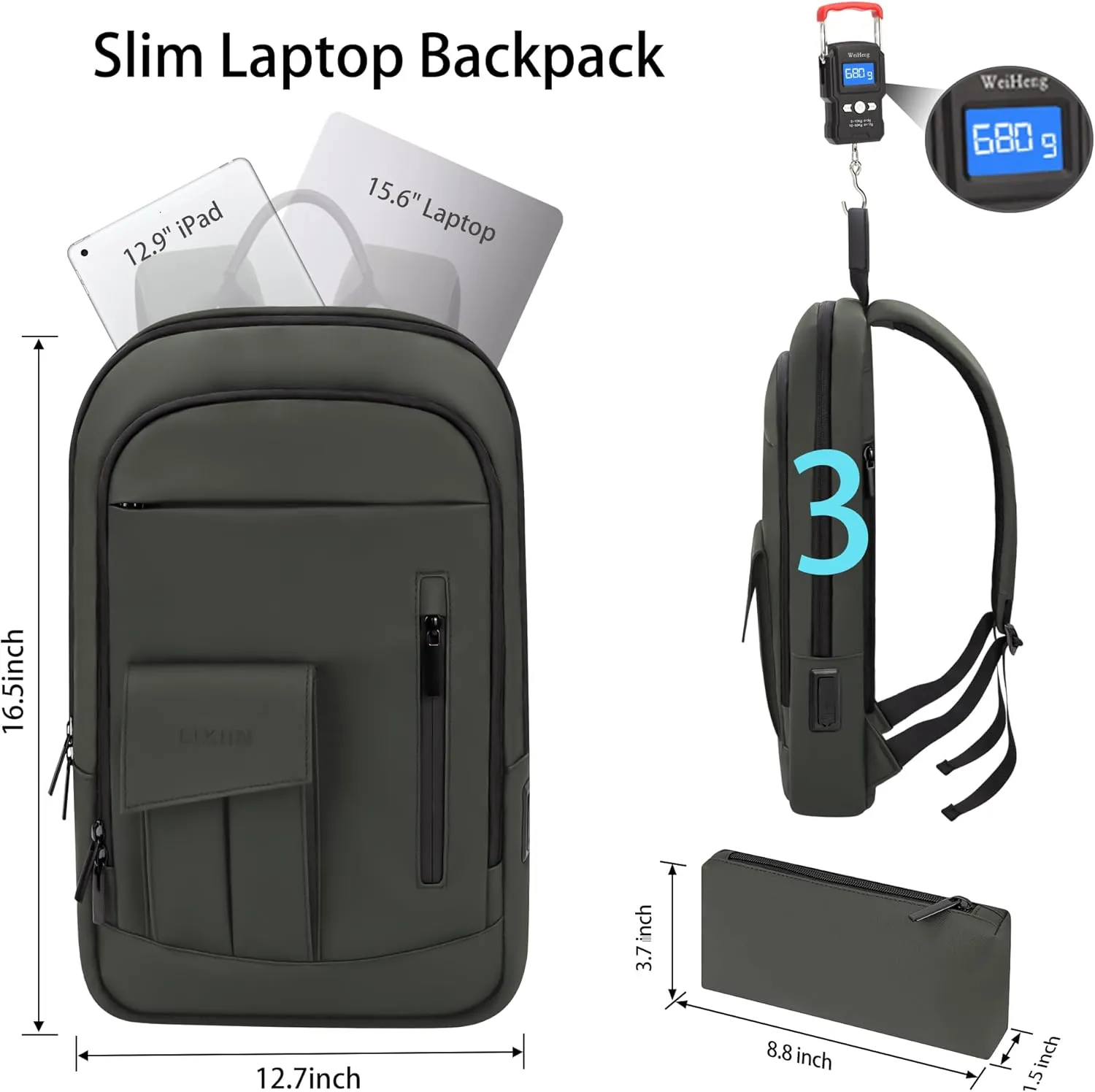 Business Backpack for Men Slim Lightweight Laptop Backpack Water Resistant Small Office Backpack for Commute Travel Daily Office Work with Small Bag(Green-With Pocket)