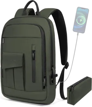 Business Backpack for Men Slim Lightweight Laptop Backpack Water Resistant Small Office Backpack for Commute Travel Daily Office Work with Small Bag(Green-With Pocket)
