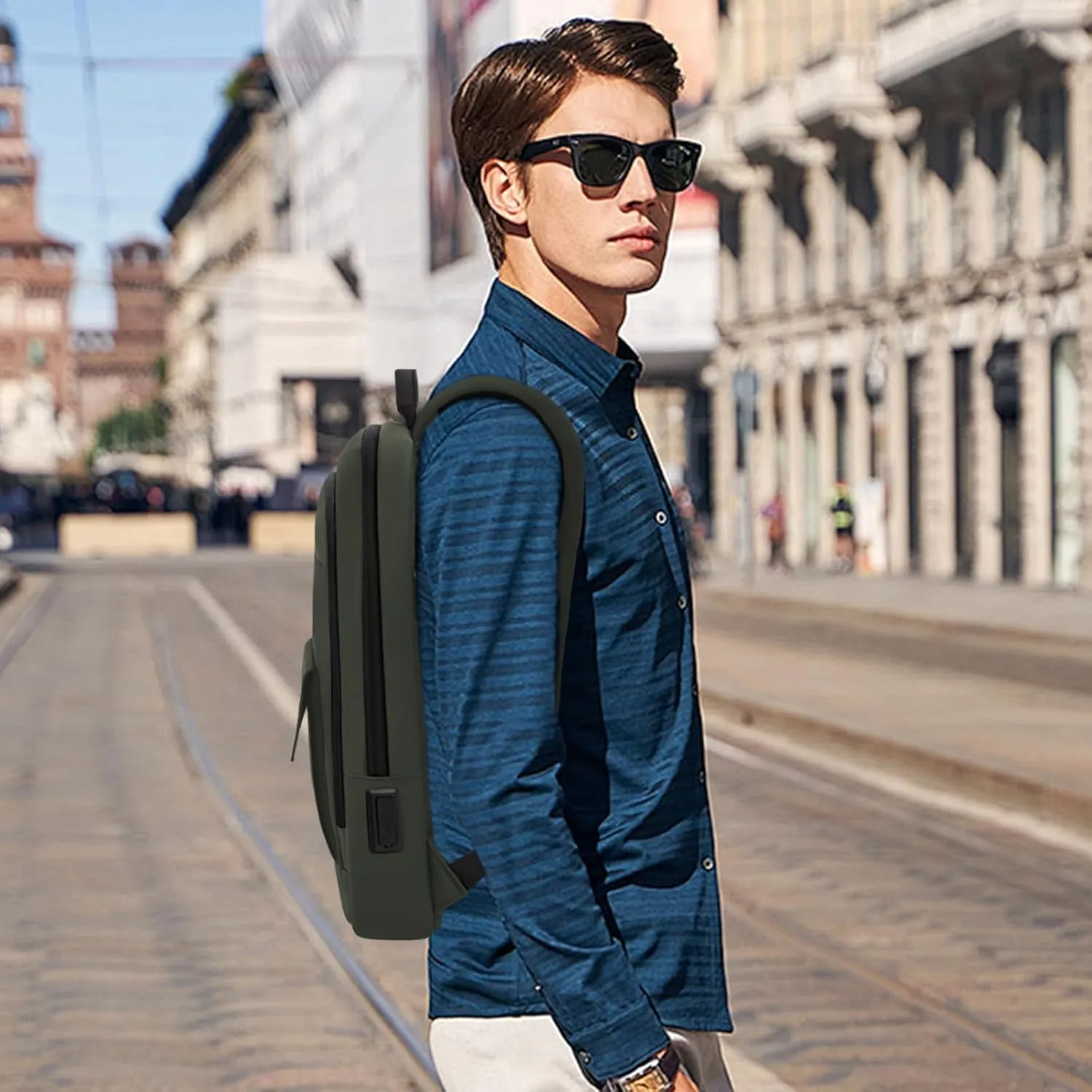 Business Backpack for Men Slim Lightweight Laptop Backpack Water Resistant Small Office Backpack for Commute Travel Daily Office Work with Small Bag(Green-With Pocket)