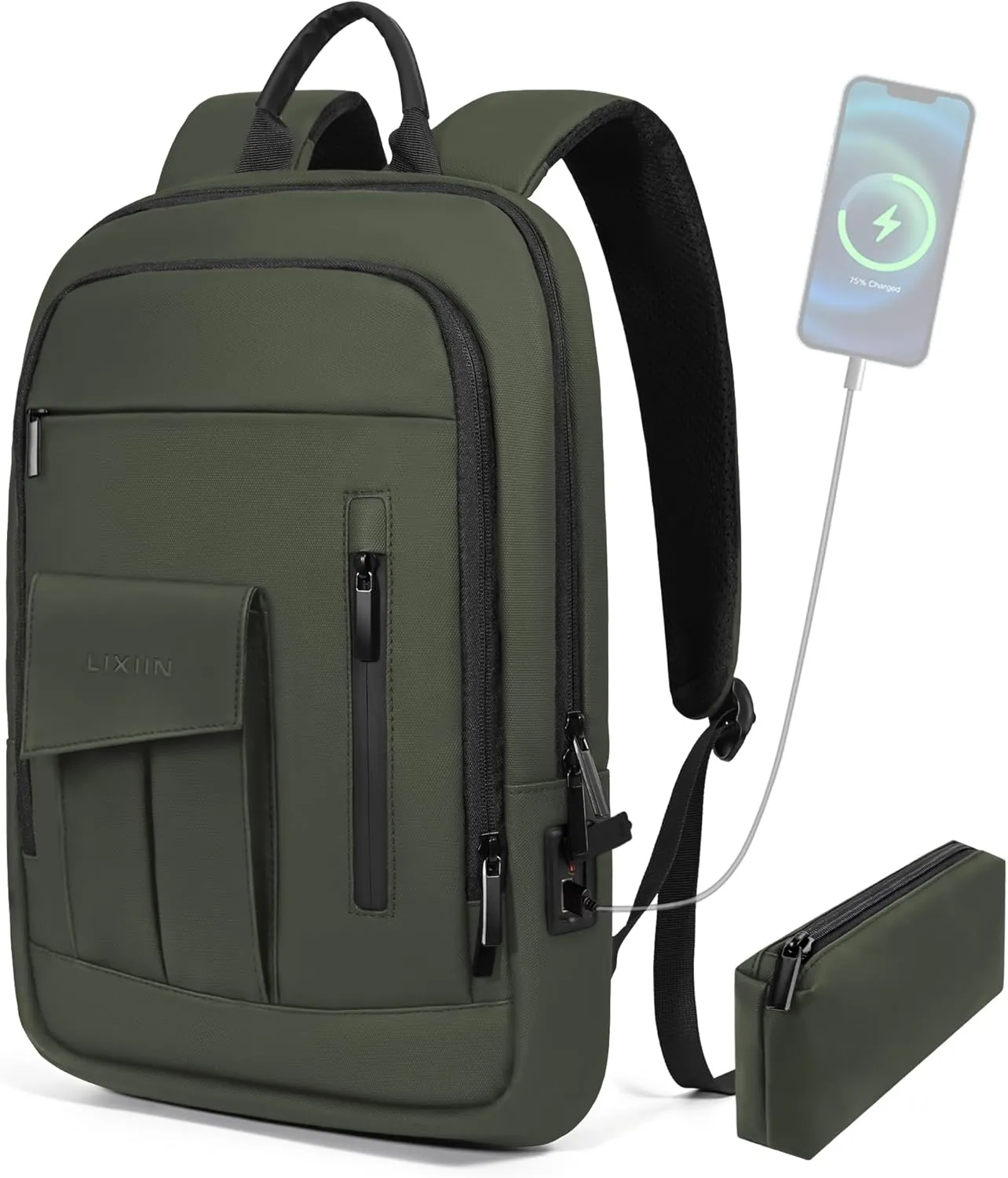 Business Backpack for Men Slim Lightweight Laptop Backpack Water Resistant Small Office Backpack for Commute Travel Daily Office Work with Small Bag(Green-With Pocket)