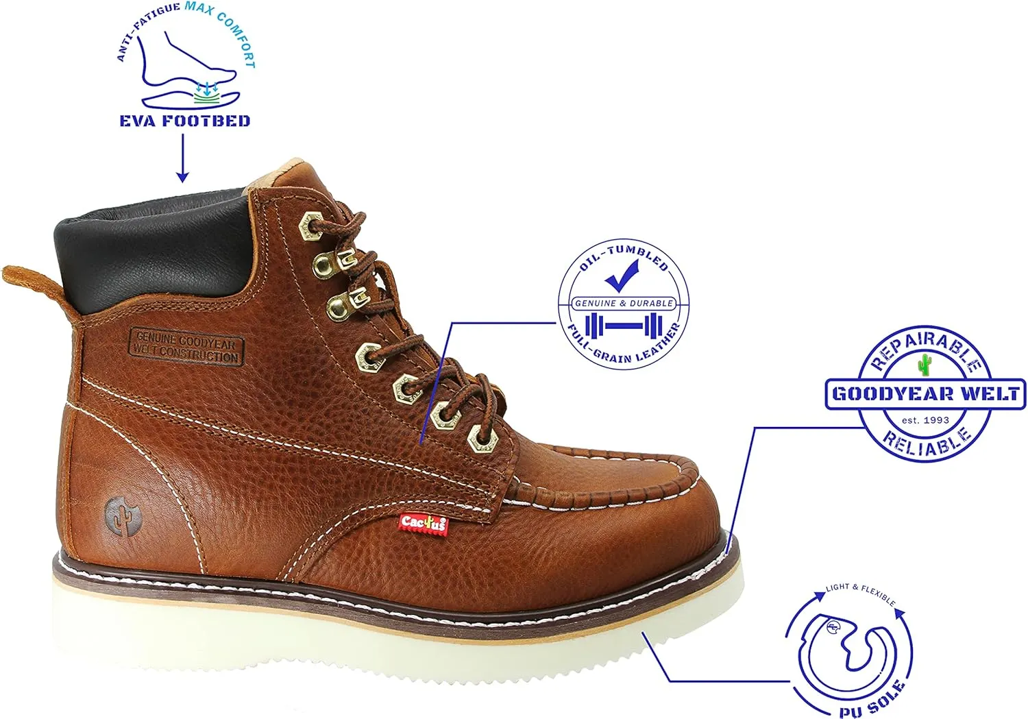 Cactus Men's 71622M 6" Full Grain Leather Polyurethane (PU) Outsole Moc-Toe Work Boots