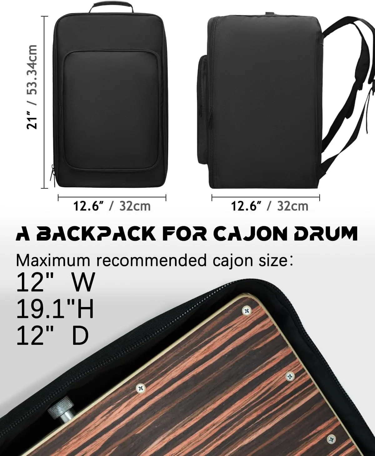 Cajon Box Drum Bag with Carry Handle and Shoulder Straps (12.6 x 21 x 12.6 inches)