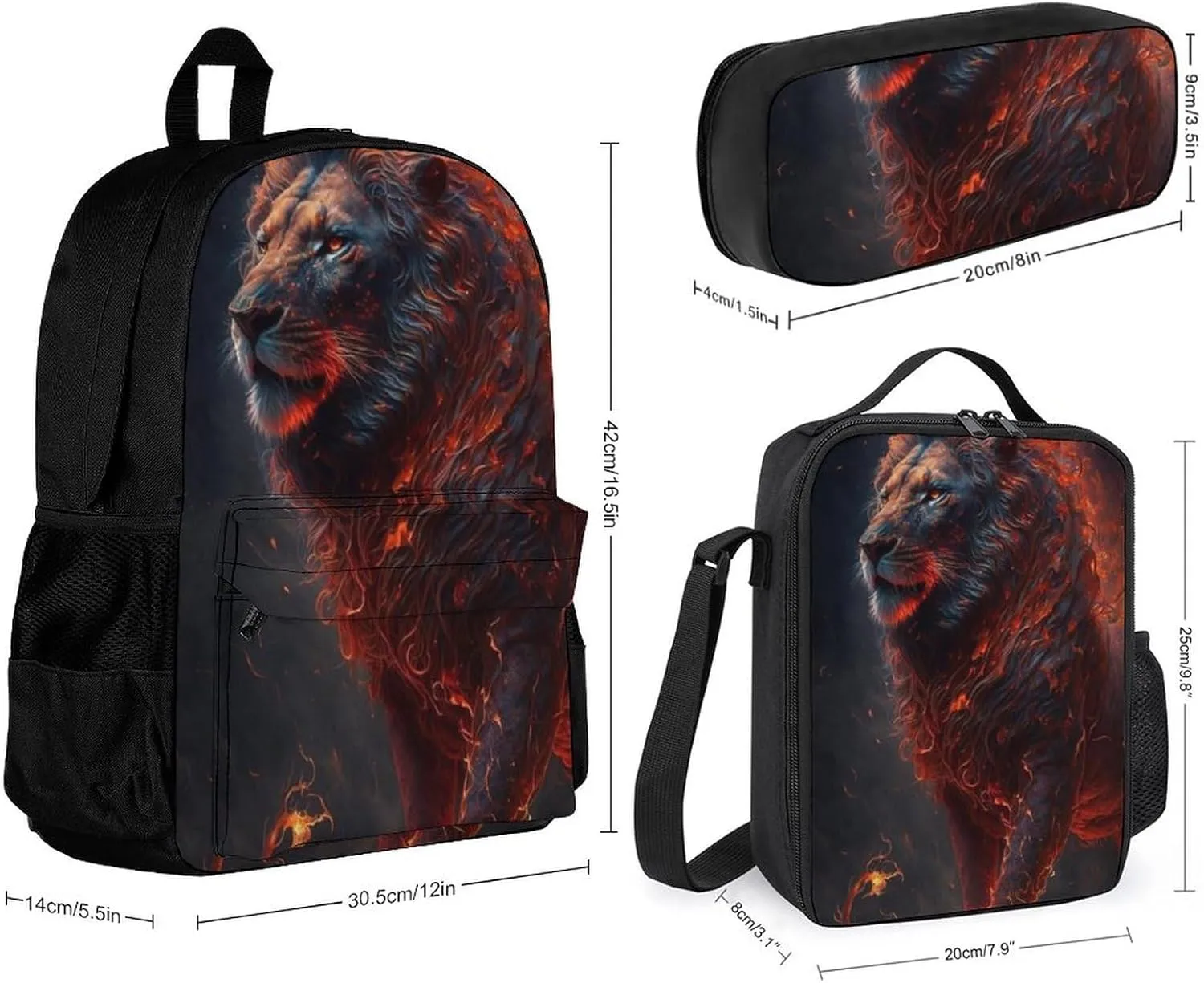 Camping Travel Walking Cycling Backpack Sets Daypack 3 Pcs Anti-Theft Multipurpose Daypack Big Capacity Bookbag, Cool Lion Fire Surreal Style Art