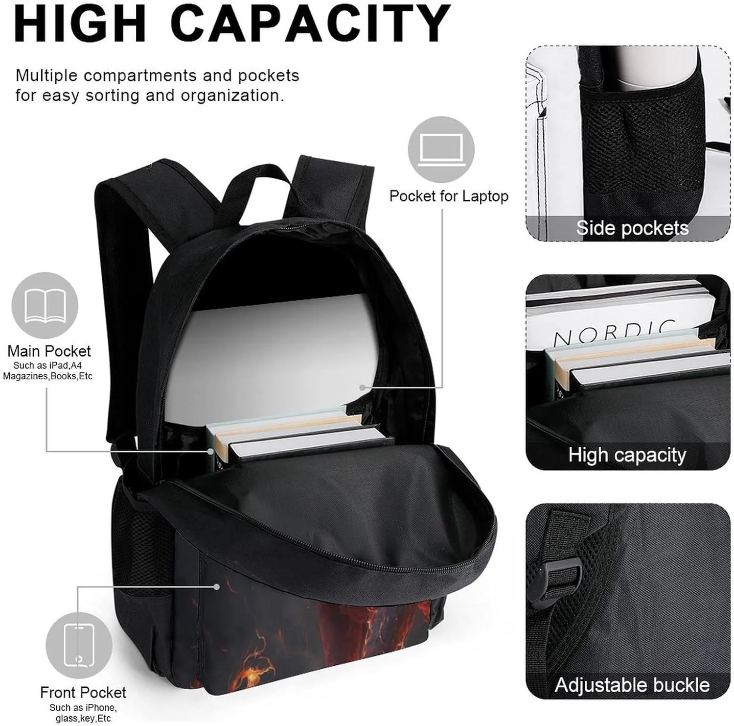 Camping Travel Walking Cycling Backpack Sets Daypack 3 Pcs Anti-Theft Multipurpose Daypack Big Capacity Bookbag, Cool Lion Fire Surreal Style Art