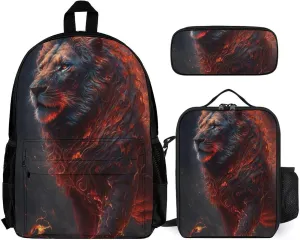 Camping Travel Walking Cycling Backpack Sets Daypack 3 Pcs Anti-Theft Multipurpose Daypack Big Capacity Bookbag, Cool Lion Fire Surreal Style Art