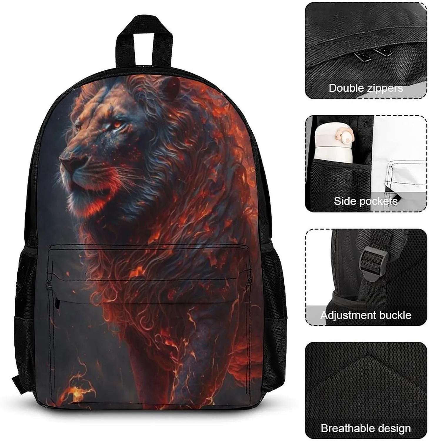 Camping Travel Walking Cycling Backpack Sets Daypack 3 Pcs Anti-Theft Multipurpose Daypack Big Capacity Bookbag, Cool Lion Fire Surreal Style Art