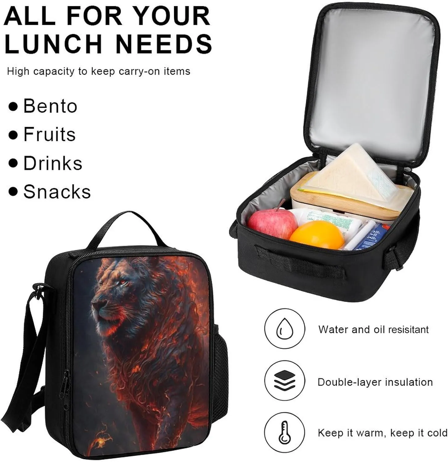 Camping Travel Walking Cycling Backpack Sets Daypack 3 Pcs Anti-Theft Multipurpose Daypack Big Capacity Bookbag, Cool Lion Fire Surreal Style Art