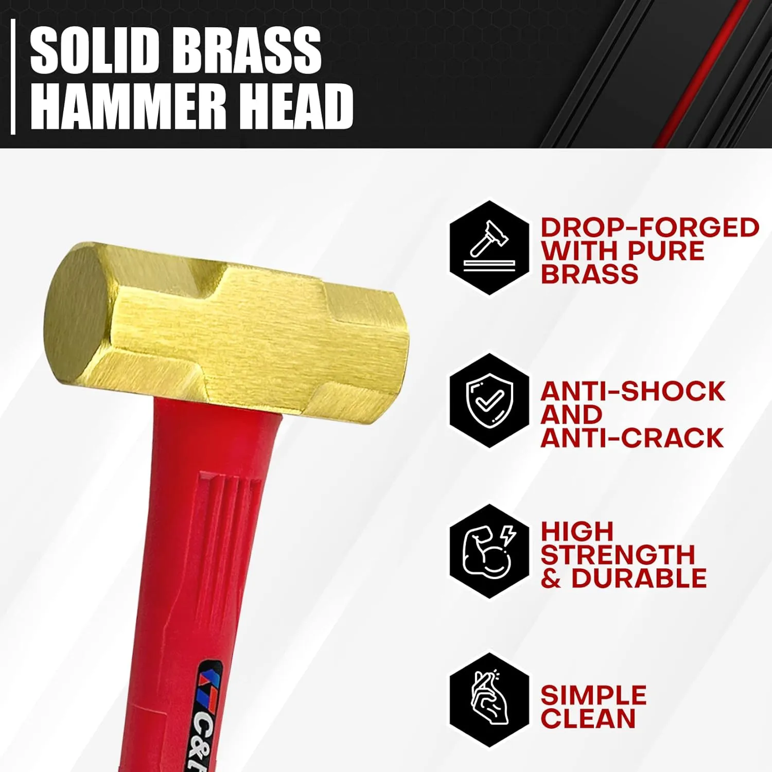 C&T 3lb Brass Sledge Hammer,Non-Sparking,Comfortable Fiberglass Handle,3-Pounds,Non-Magnetic,Corrosion Resistant
