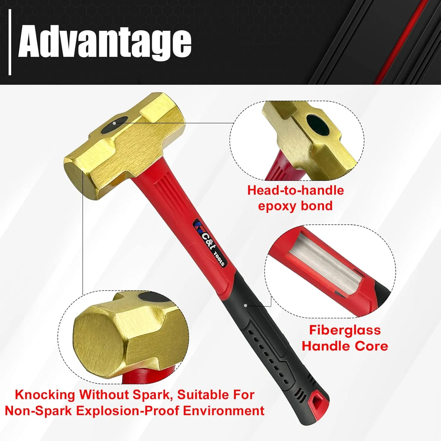 C&T 3lb Brass Sledge Hammer,Non-Sparking,Comfortable Fiberglass Handle,3-Pounds,Non-Magnetic,Corrosion Resistant
