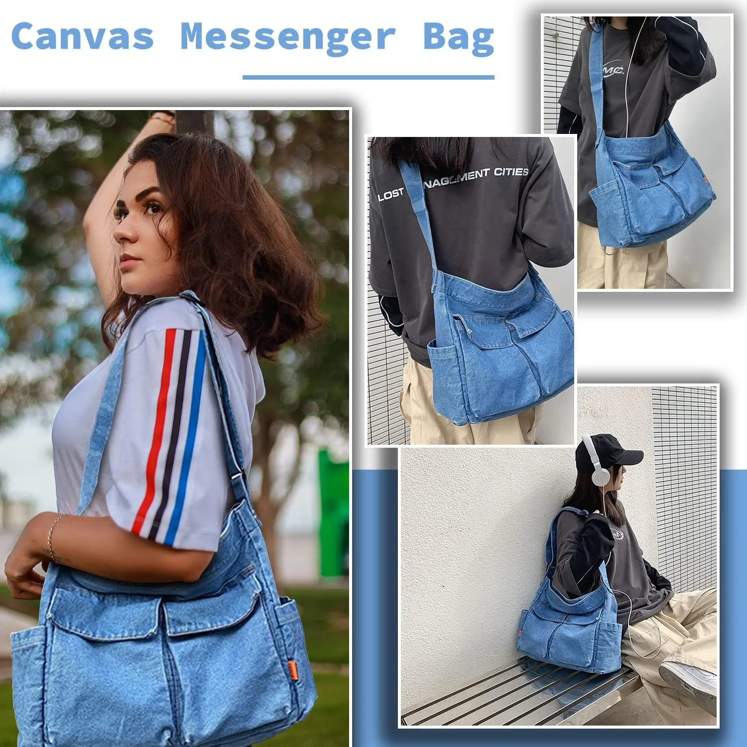 Canvas Messenger Bag Large Hobo Crossbody Bag with Multiple Pockets Casual Shoulder Tote Bag for Women and Men