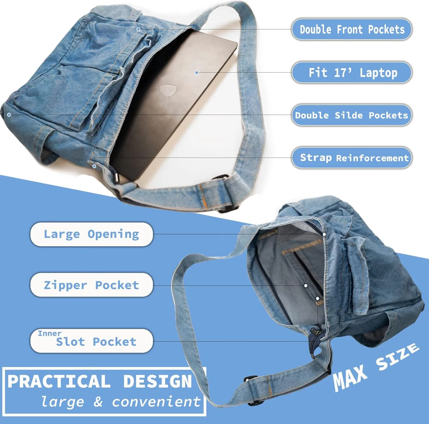 Canvas Messenger Bag Large Hobo Crossbody Bag with Multiple Pockets Casual Shoulder Tote Bag for Women and Men