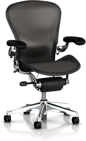 (Carbon Classic) - Executive Aeron Chair by Herman Miller - Polished Aluminium Frame - Leather Arms - PostureFit Lumbar - Size B (Medium)