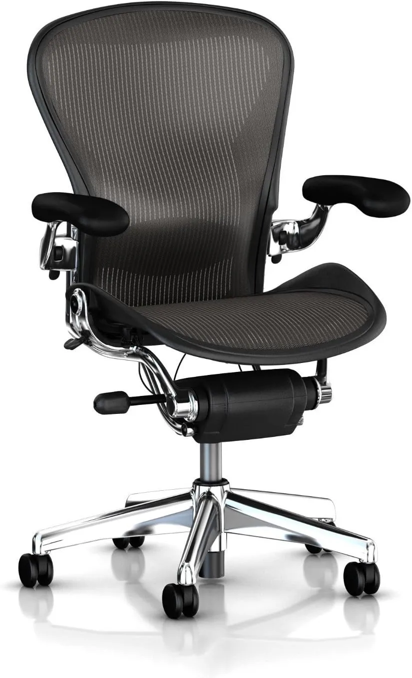 (Carbon Classic) - Executive Aeron Chair by Herman Miller - Polished Aluminium Frame - Leather Arms - PostureFit Lumbar - Size B (Medium)