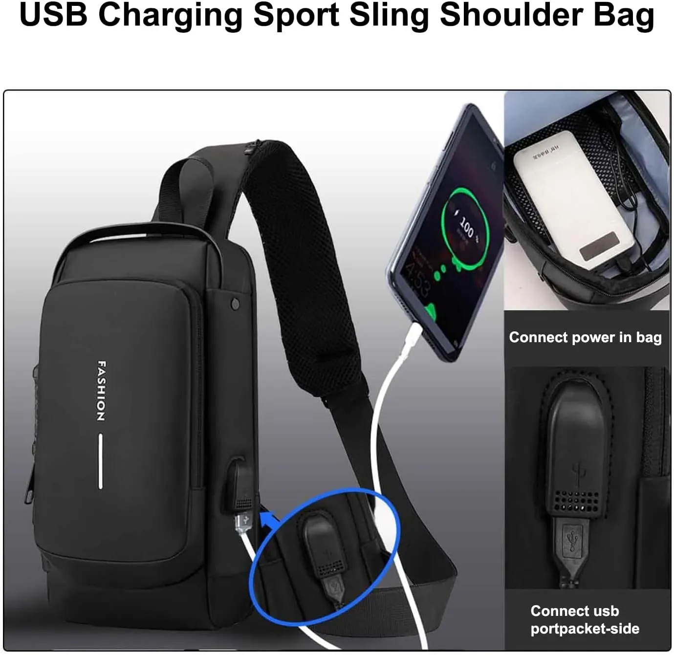 Carbon Fiber Streamline Anti-theft Sling Bag, Waterproof Durable Crossbody Bag with USB Charging Port (Black)