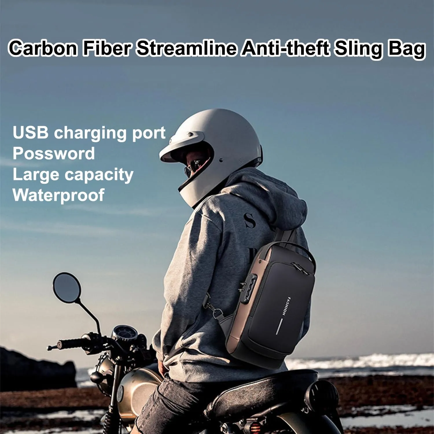 Carbon Fiber Streamline Anti-theft Sling Bag, Waterproof Durable Crossbody Bag with USB Charging Port (Black)