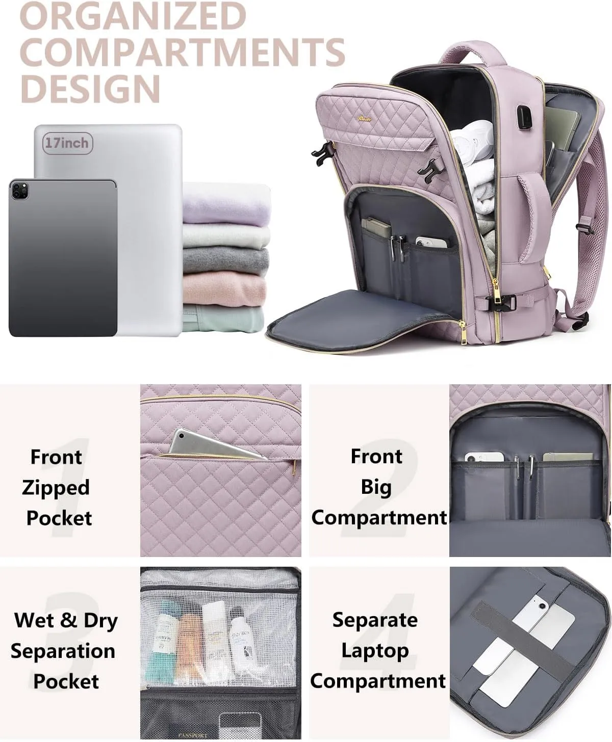 Carry On Women Travel Backpack: TSA Flight Approved Personal Item Backpacks Large 40L Waterproof Luggage Suitcase Backpack Fit 17 Inch Laptop Weekender Overnight Traveling Bag with USB Charge Nude