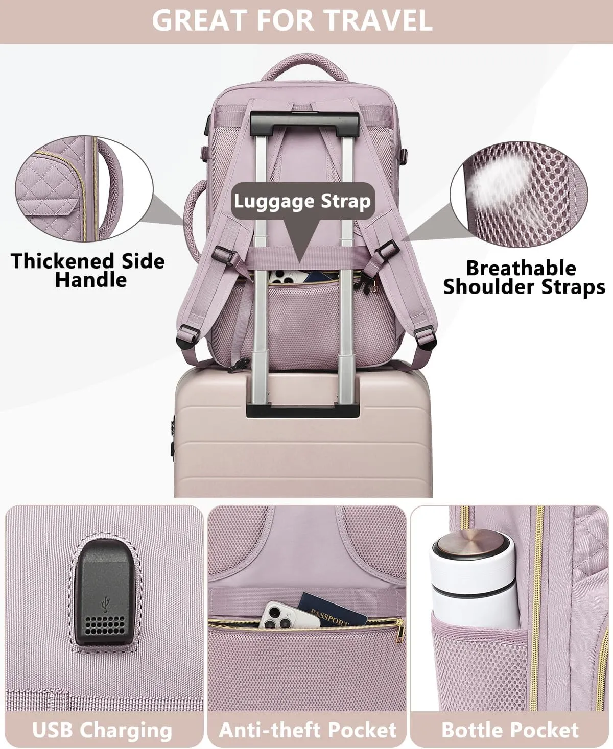 Carry On Women Travel Backpack: TSA Flight Approved Personal Item Backpacks Large 40L Waterproof Luggage Suitcase Backpack Fit 17 Inch Laptop Weekender Overnight Traveling Bag with USB Charge Nude