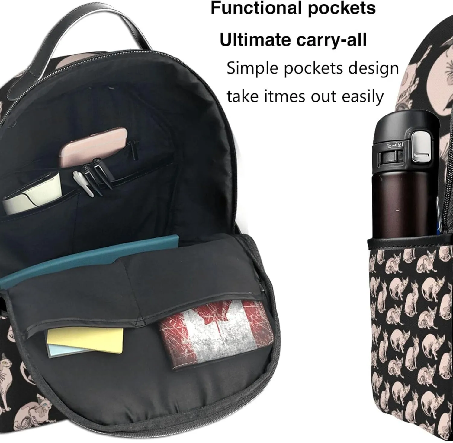 Casual Backpack Big Capacity Anti-Theft Multipurpose Bookbag Backpack for Sports Outdoors Running - for Hairless Naked Cats Sphynx Cats Pattern Black, Travel Hiking Camping Rucksack