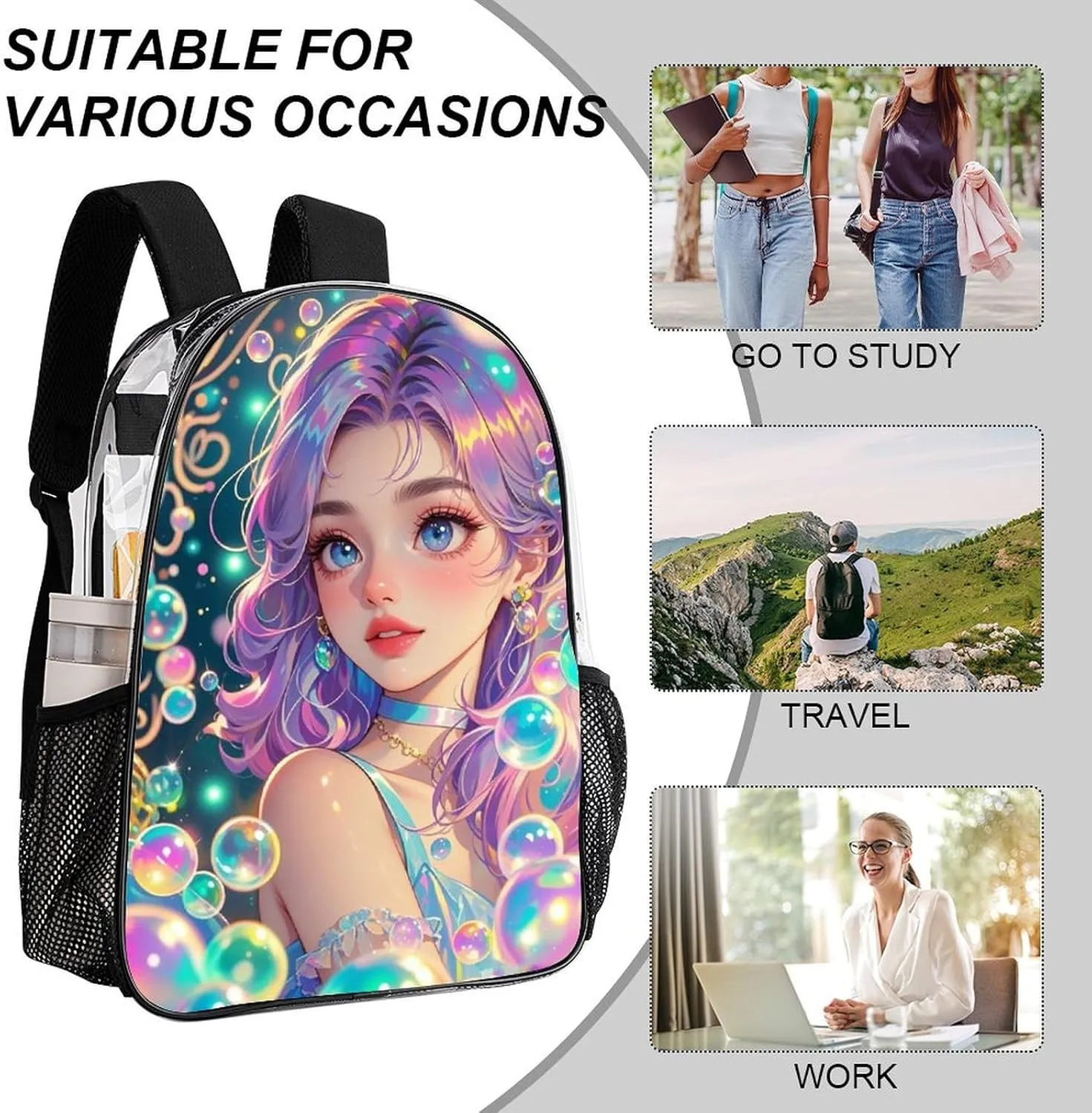 Casual Daypack Multipurpose Anti-Theft Large Capacity Carry On Bag - Fantasy Gothic Women Mushroom Dazzling Art Casual Daypack Climbing Shoulder Transparent Bag