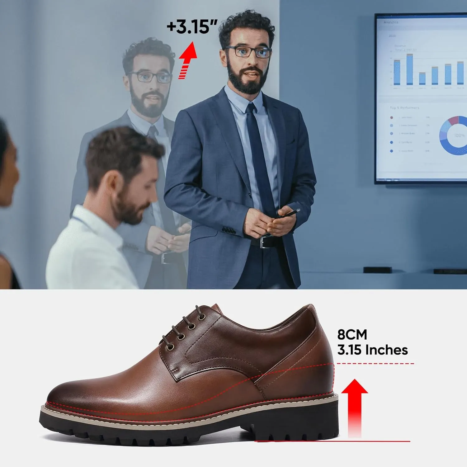 CHAMARIPA Height Increasing Shoes for Men, Leather Lace-up Dress Shoes Invisible Elevator Shoes