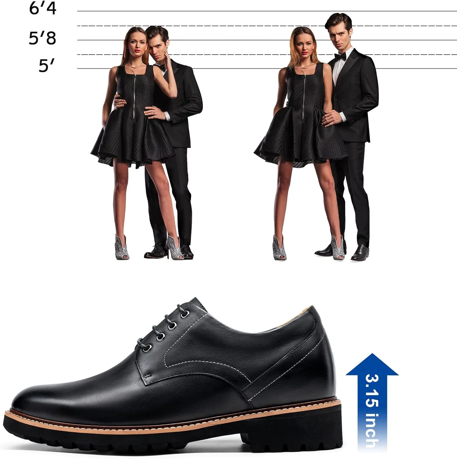 CHAMARIPA Height Increasing Shoes for Men, Leather Lace-up Dress Shoes Invisible Elevator Shoes