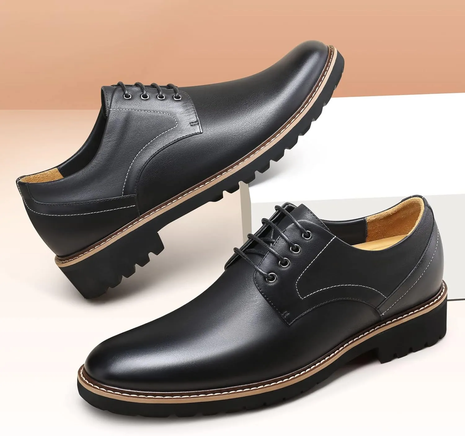 CHAMARIPA Height Increasing Shoes for Men, Leather Lace-up Dress Shoes Invisible Elevator Shoes