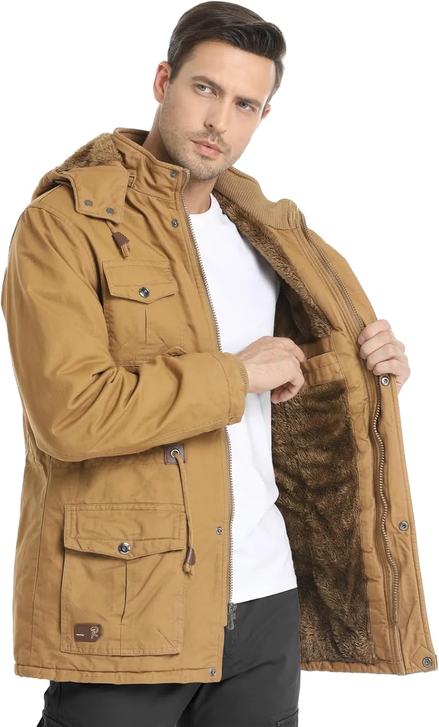 CHEXPEL Men's Thick Winter Jackets with Hood, Fleece Lining, Cotton Military Work Jackets with Cargo Pockets, Outwear