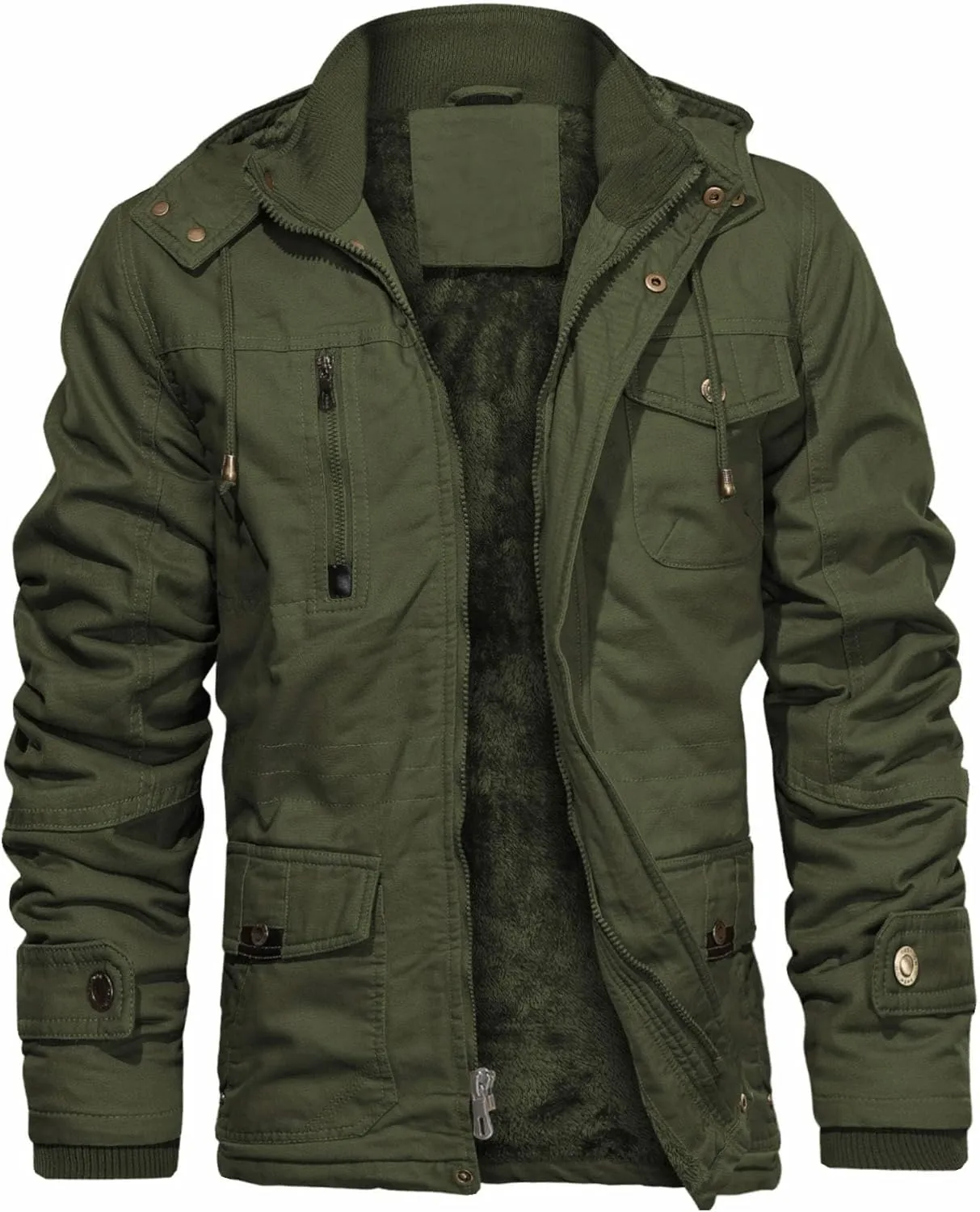 CHEXPEL Men's Thick Winter Jackets with Hood, Fleece Lining, Cotton Military Work Jackets with Cargo Pockets, Outwear
