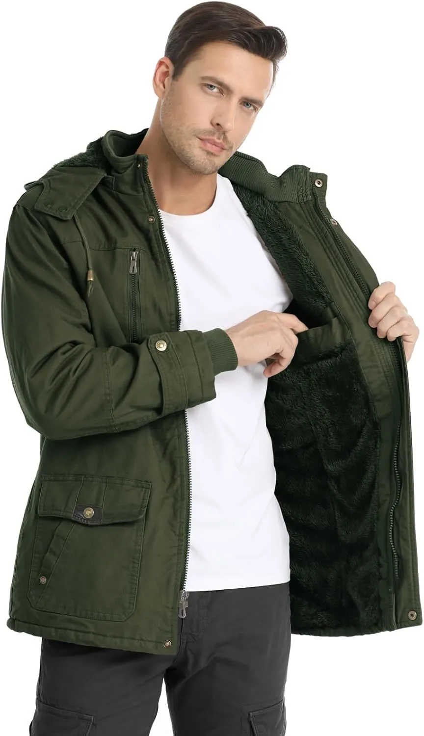 CHEXPEL Men's Thick Winter Jackets with Hood, Fleece Lining, Cotton Military Work Jackets with Cargo Pockets, Outwear